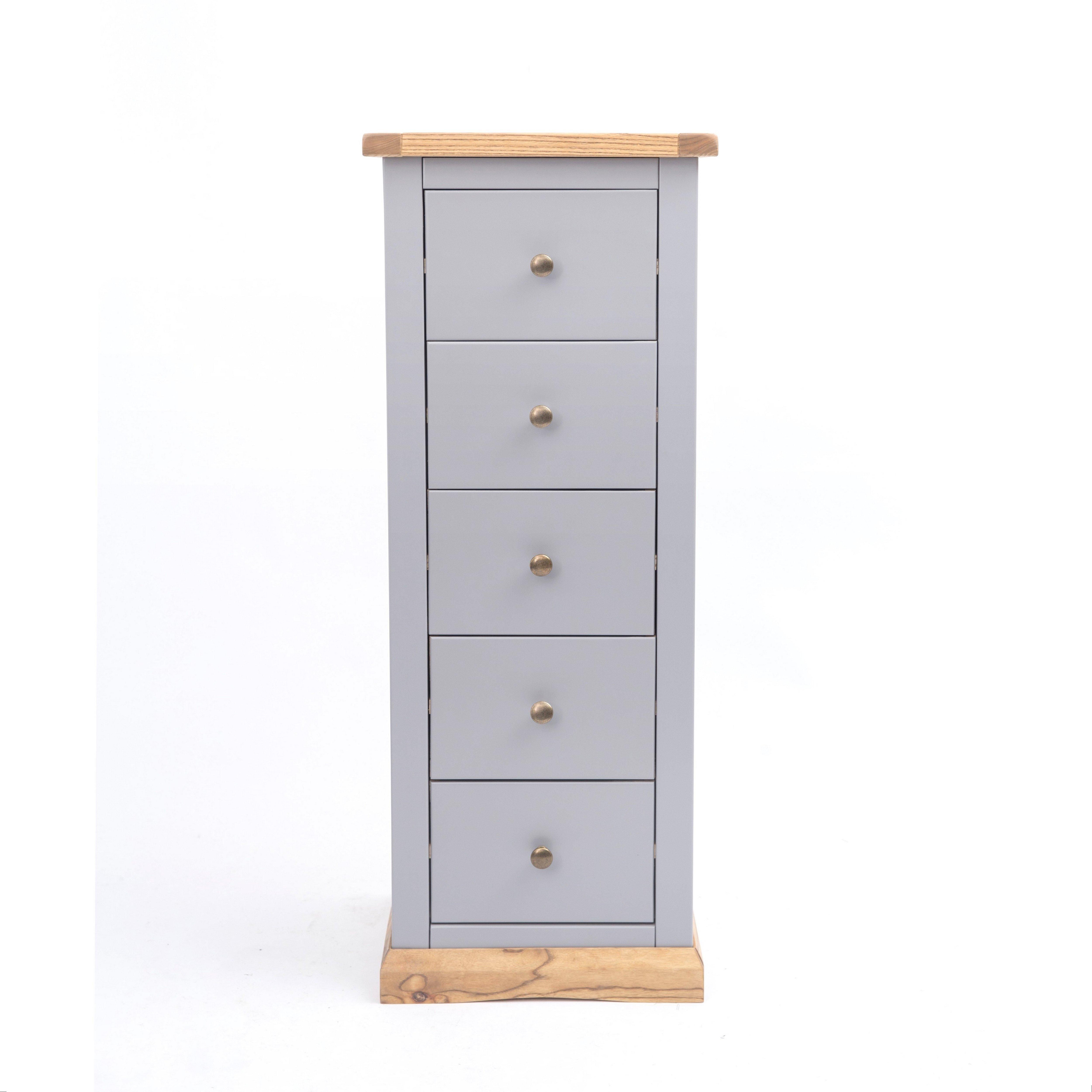 Cabinet Bits Bicarri 5 Drawer Narrow Chest of Drawers Brass Knob in Grey