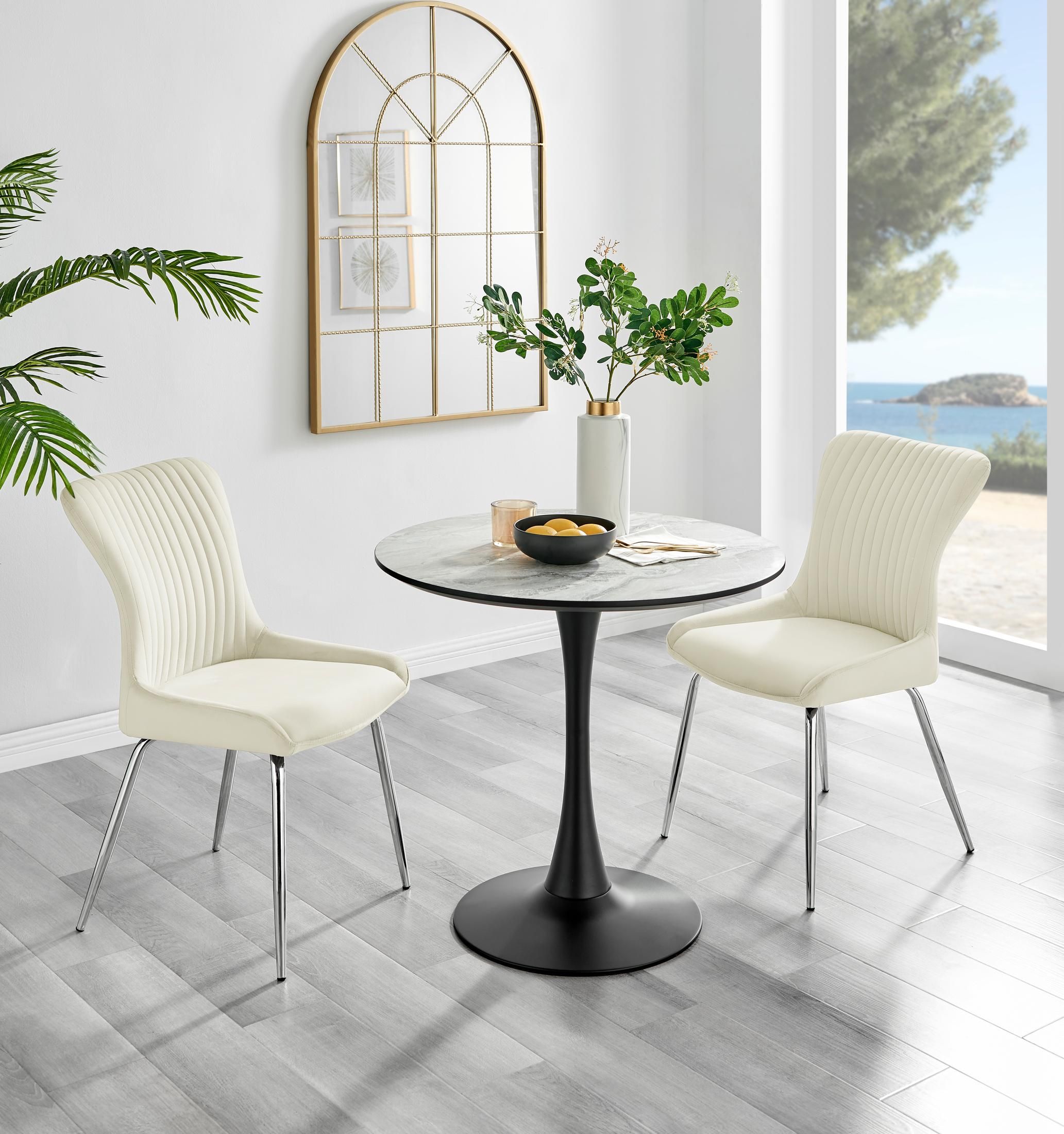 FurnitureboxUK Elina White Marble Effect Scratch Resistant Dining Table & 2 Nora Silver Leg Velvet Chairs in Cream