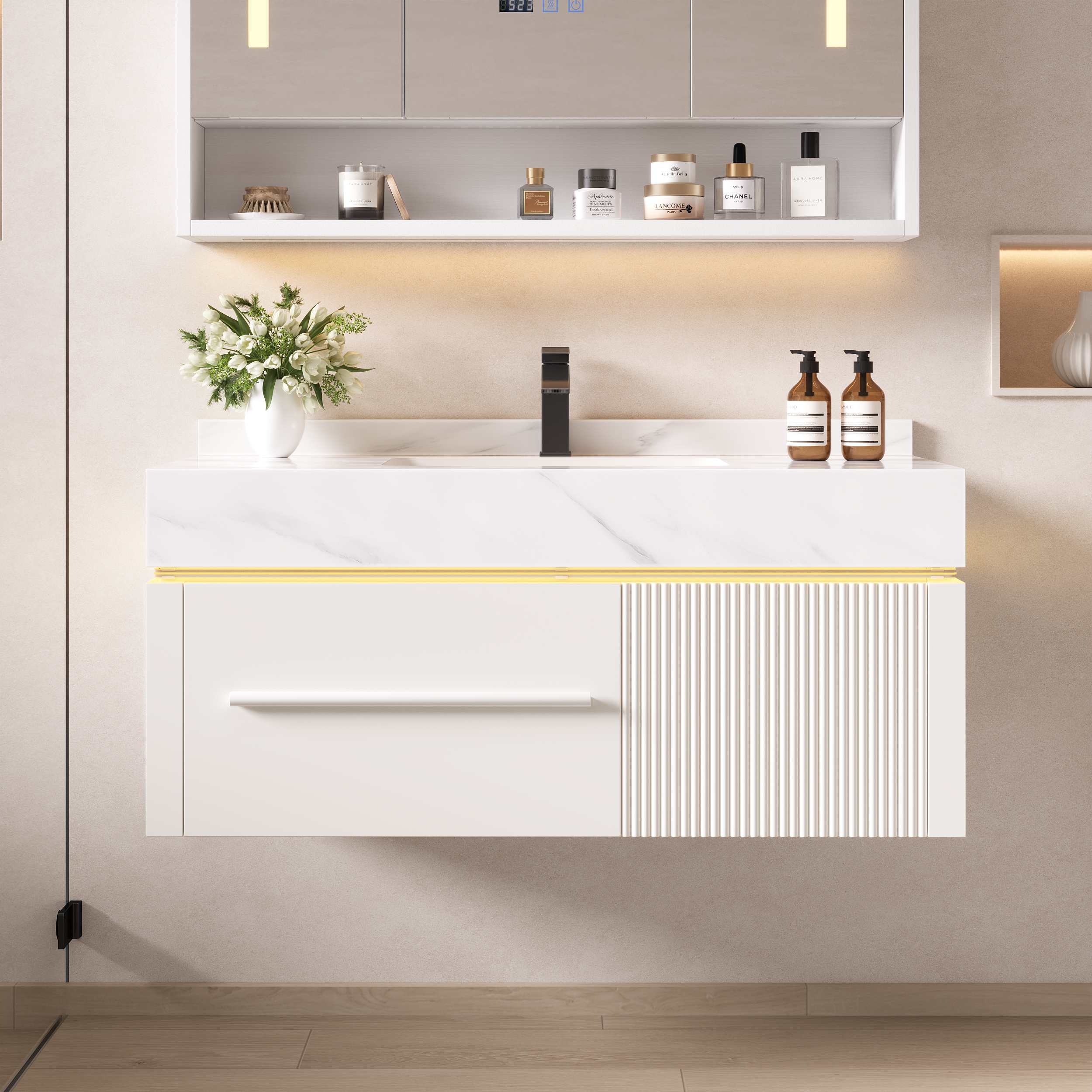 100 cm Wall-Mounted Bathroom Vanity with Sintered Stone Top, LED Sensor Light