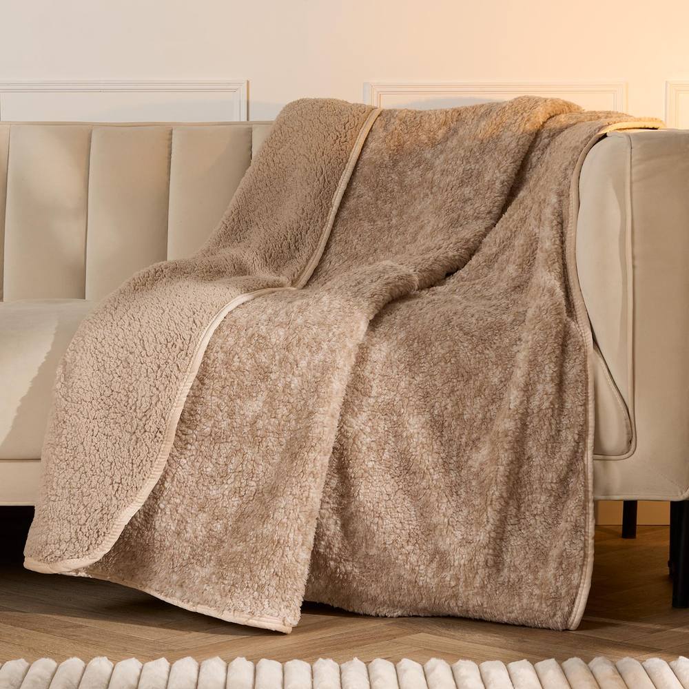 OHS Teddy Fleece Blanket Soft Marl Binded Throw in Natural