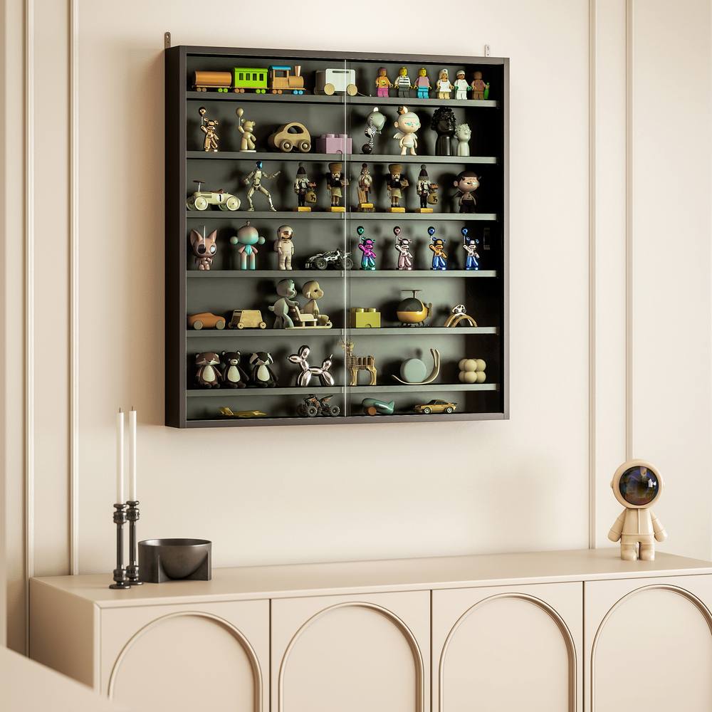 HOMCOM 7-Tier Wall Display Cabinet w/ Adjustable Shelves Glass Doors in Black