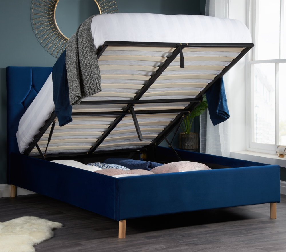 Loxley Blue Velvet Fabric Ottoman Storage Bed Frame - 4ft Small Double