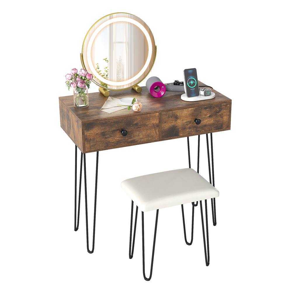 Costway Vanity Desk & Stool Set Makeup Dressing Table w/ Mirror & Lights in Brown