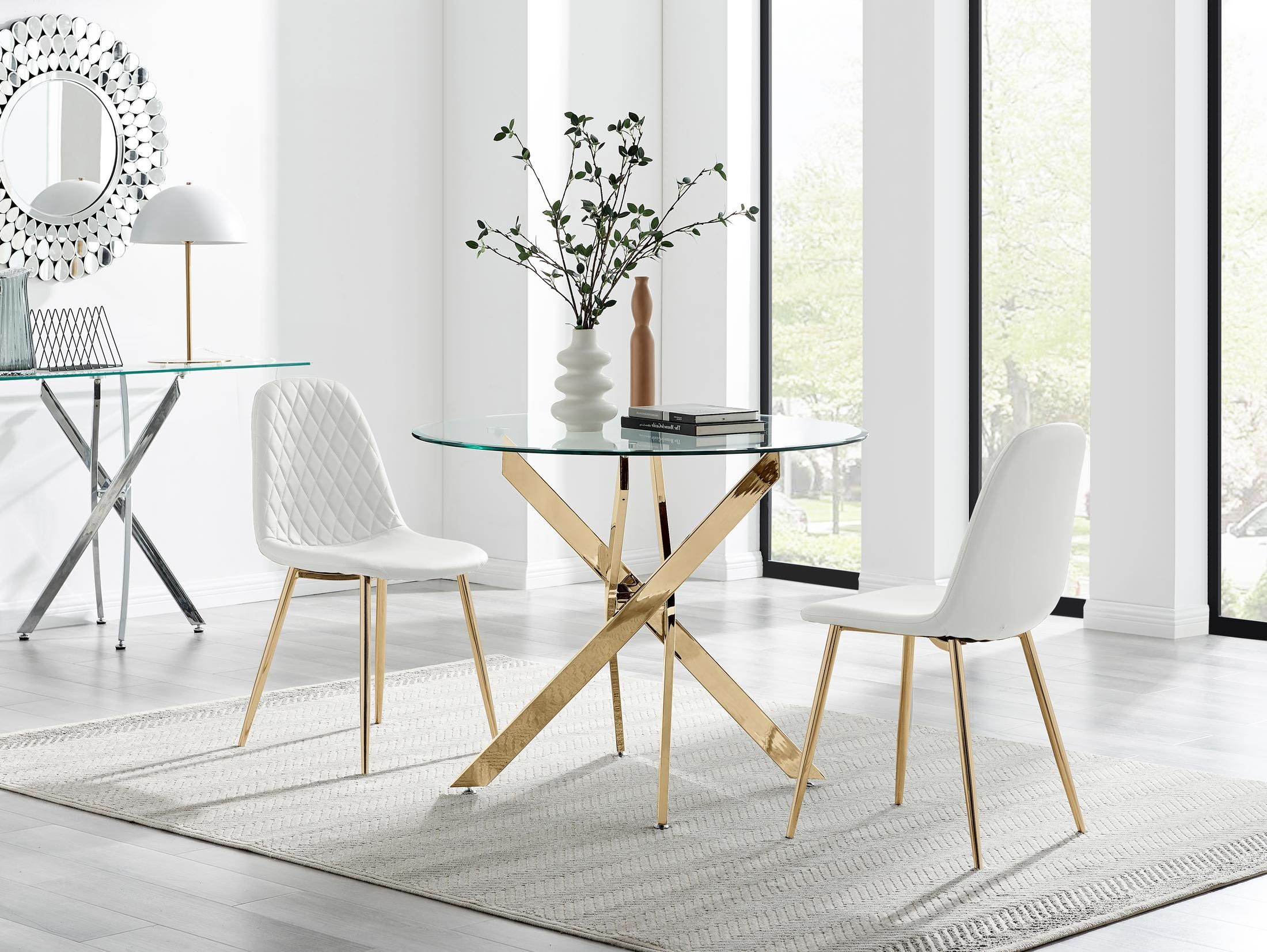 FurnitureboxUK Novara 100cm Round Gold Leg Dining Table & 2 Corona Gold Chairs in White
