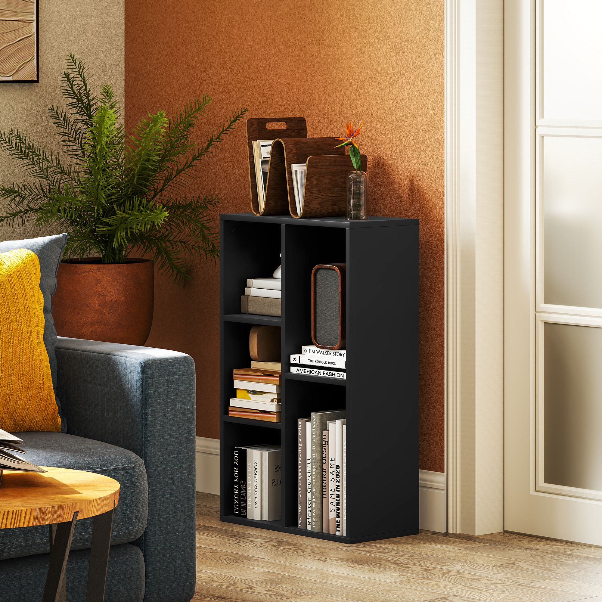 HOMCOM 2-Tier Bookshelf with 5 Open Storage Compartments in Black