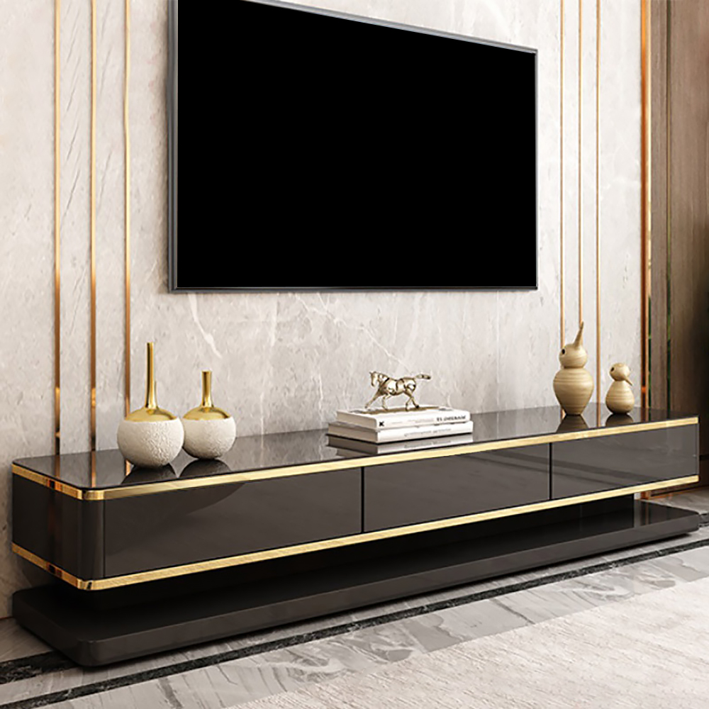 Gapn Black TV Media Console with Storage 3 Drawers Tempered Glass for TVs Up to 200 cm