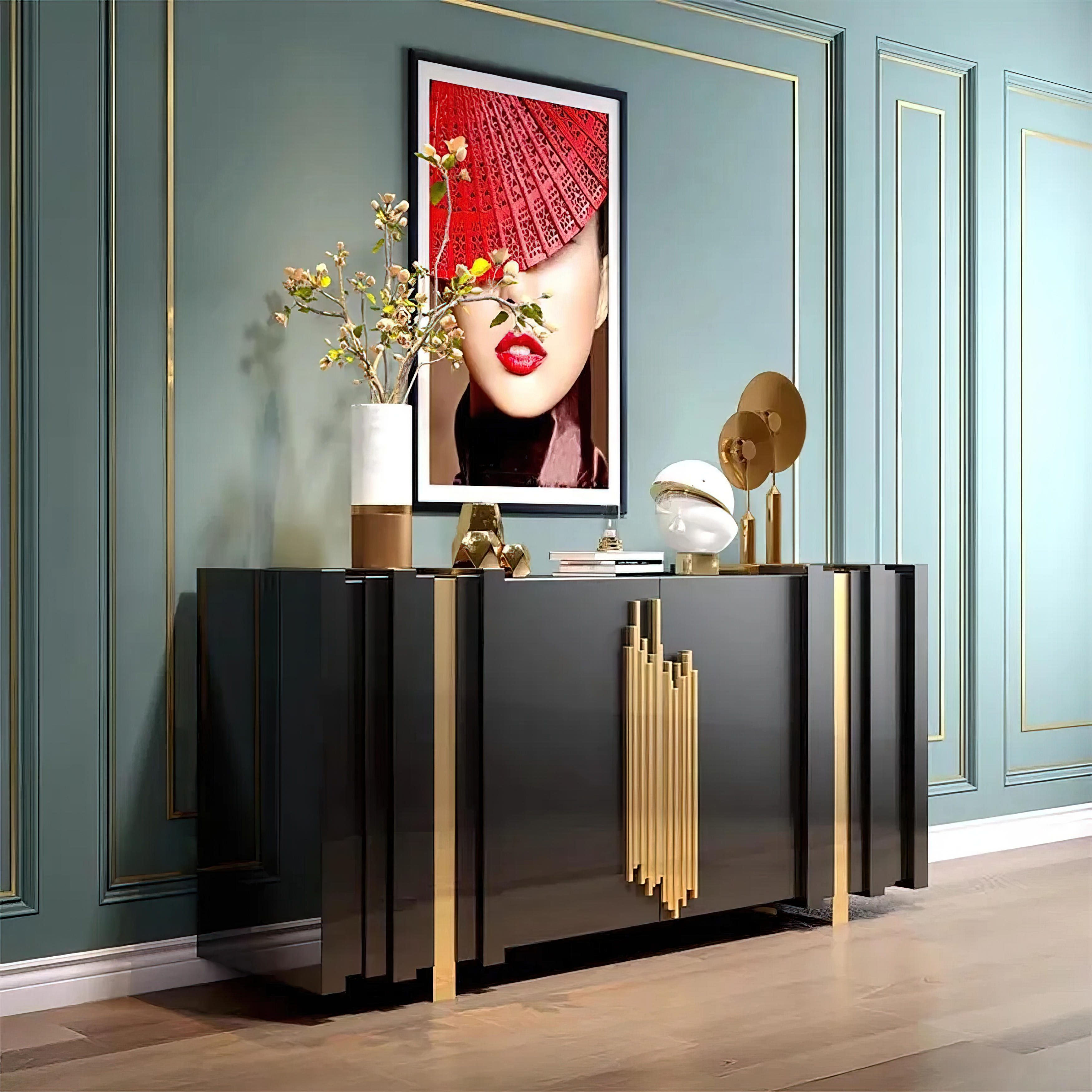 Aurea 160 cm Light Luxury Sideboard Black Rectangular Buffet 2 Doors 2 Shelves in Gold
