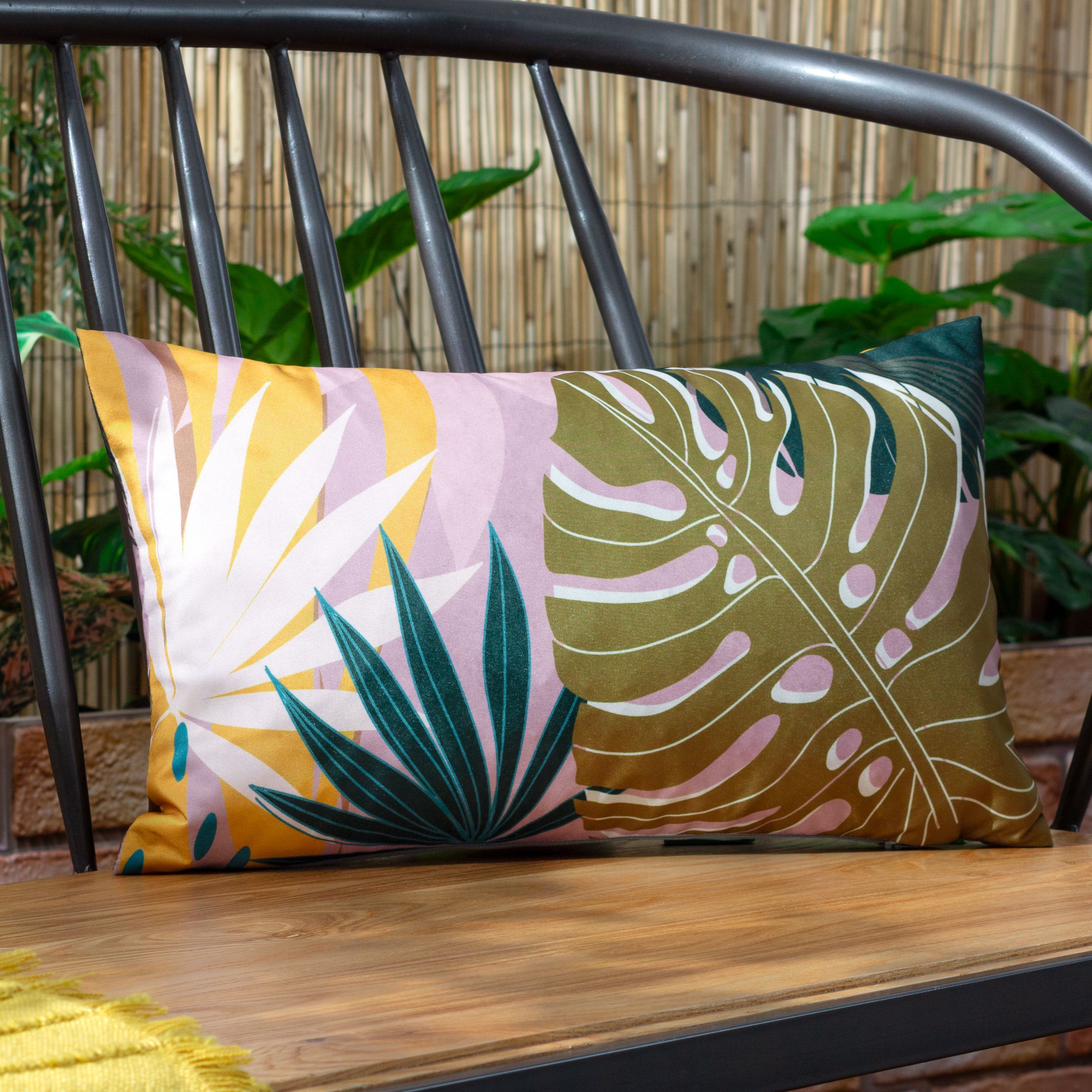 Furn Leafy Palm Rectangular Water & UV Resistant Outdoor Cushion in Light Pink