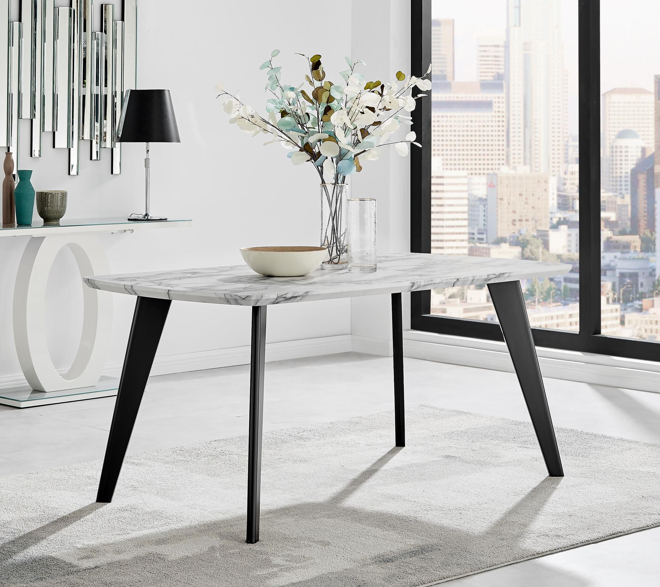 FurnitureboxUK Andria Marble Effect Dining Table With Black Legs & 6 Pesaro Velvet Silver Leg Chairs in Navy 2