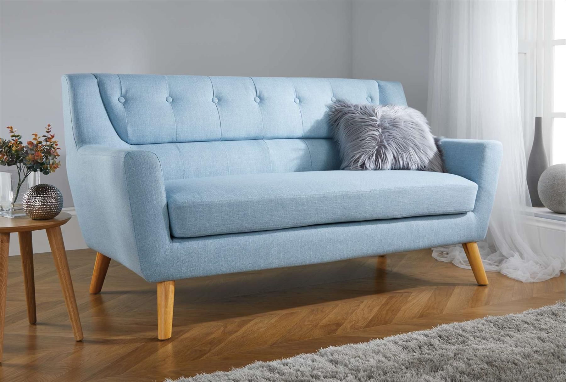 Birlea 3 Seater Sofa Lambeth Settee Modern Retro Style Fabric Wood Legs in Blue