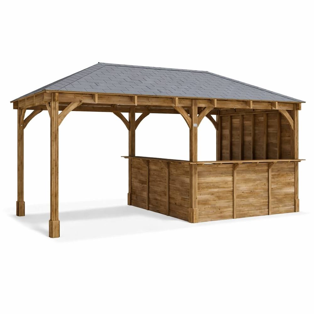 Dunster House Garden Bar 6m x 3m Outdoor Pub Shed with Counter Leviathan Side Wall in Brown
