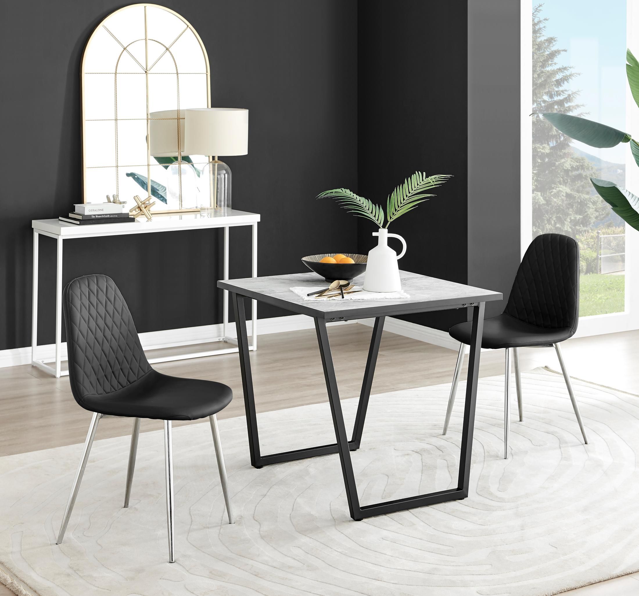 FurnitureboxUK Carson White Marble Effect Square Dining Table & 2 Faux Leather Corona Silver Chairs in Black