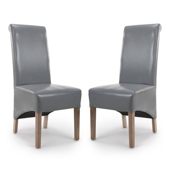 Krista Roll Back Bonded Leather Grey Dining Chairs In Pair