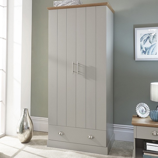 Ervin Wardrobe In Soft Grey With Oak Effect Top