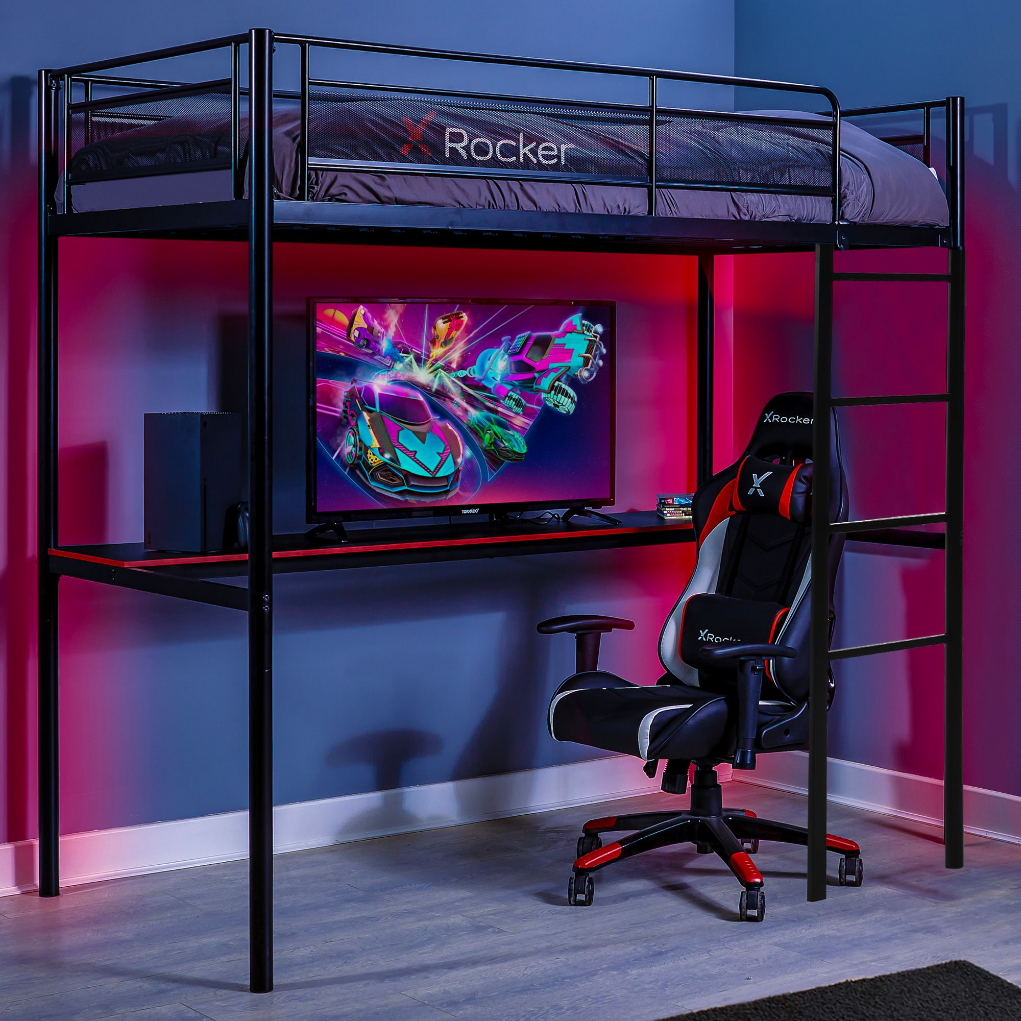 X Rocker HQ High Sleeper Bunk Bed with Large Desk & Mattress Included in Black