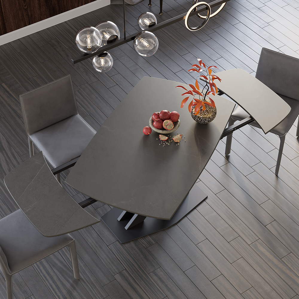 180 cm Modern Expandable Grey Sintered Stone Dining Table with Leaf X-Base 4-6 Person
