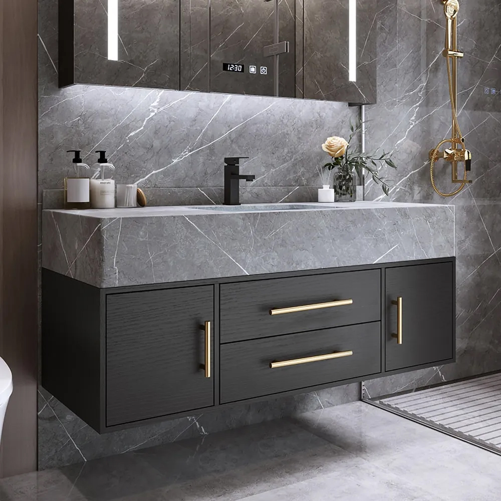 Modern 100 cm Floating Black Bathroom Vanity Stone Top Wall Mounted Bathroom Cabinet