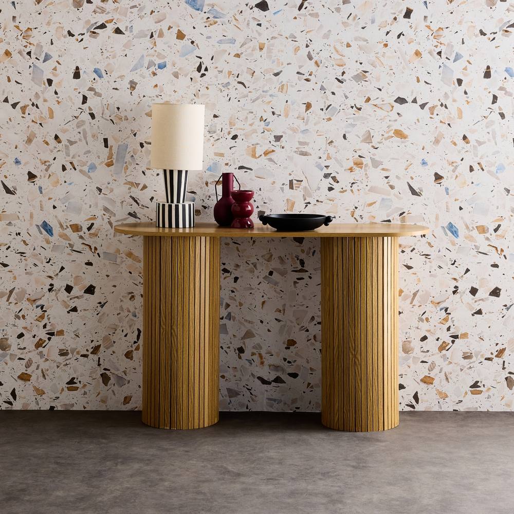 sweeek Scandinavian Oval Console With Grooved Wooden Effect in Light Brown