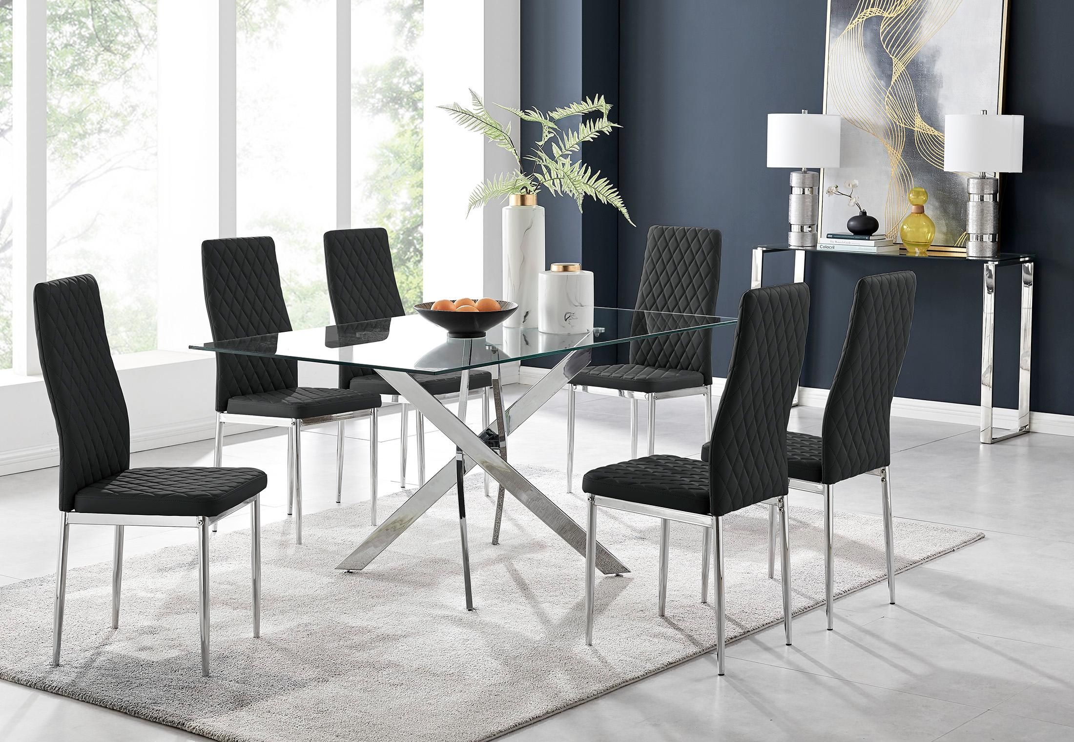 FurnitureboxUK Leonardo Glass & Chrome Metal Dining Table & 6 Milan Chairs Dining Set in Black