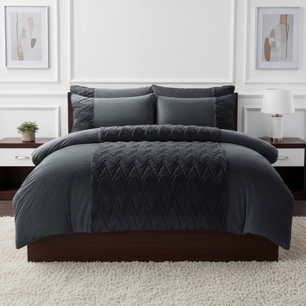 Snug City Zig Zag 3D Teddy Duvet Cover Set Ultra Soft Bedding with Pillowcases in Grey