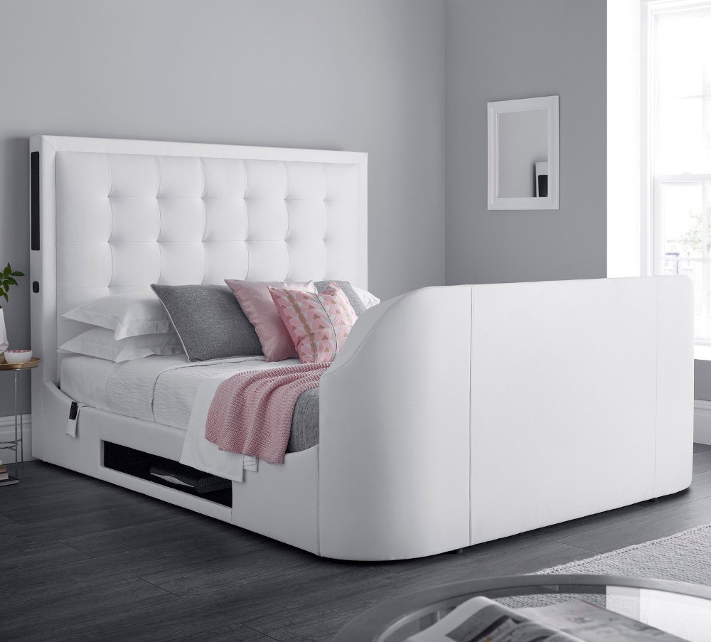 Titan 2 White Leather Media Electric TV Bed Frame - 6ft Super King Size