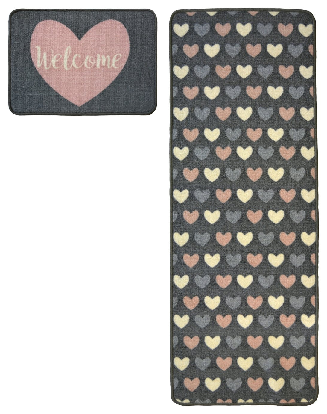 Homemaker Washable Hearts Mat and Runner - 57x150cm - Grey