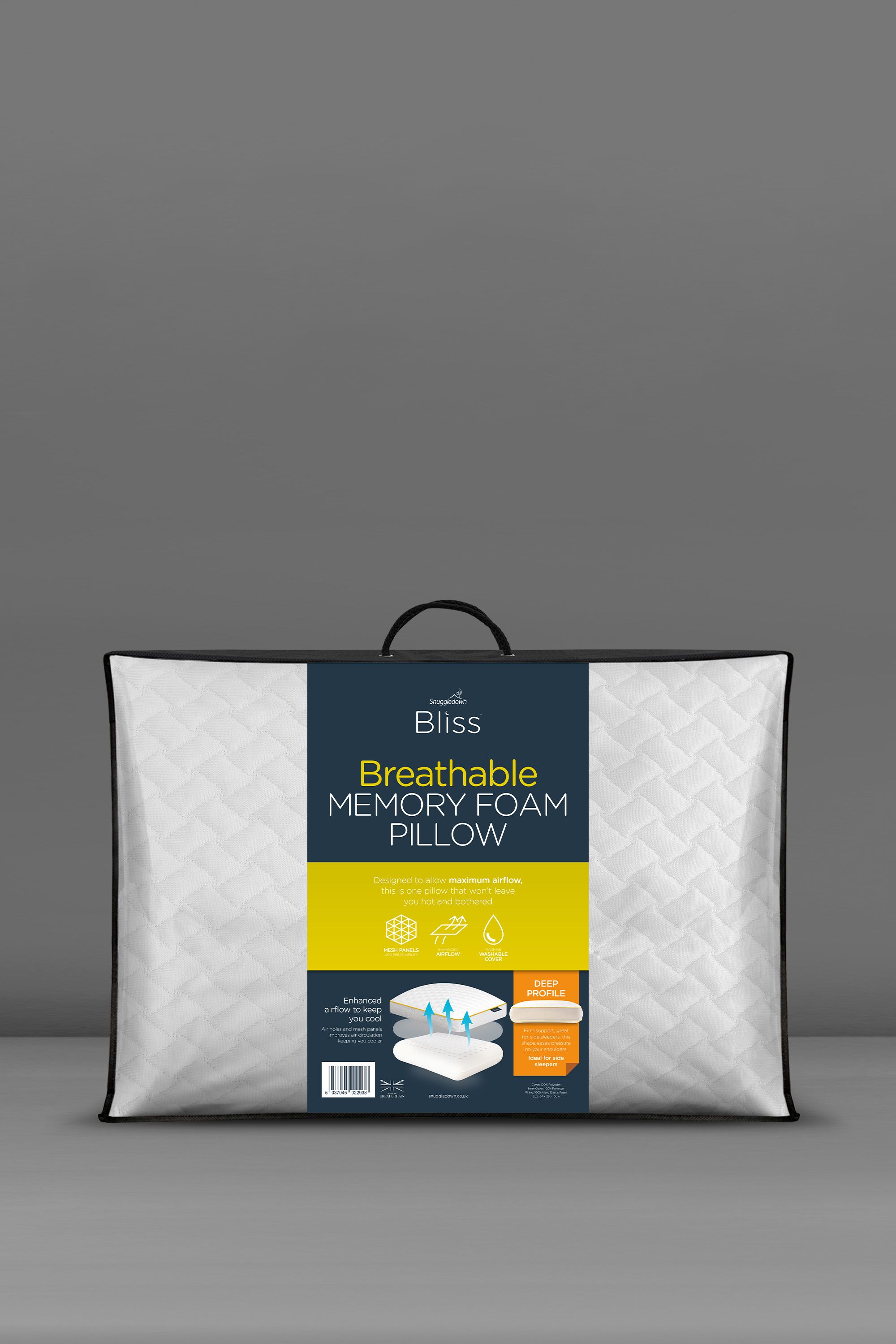 Snuggledown Single Bliss Breathable Memory Foam Deep Filled Side Sleeper Pillow in White