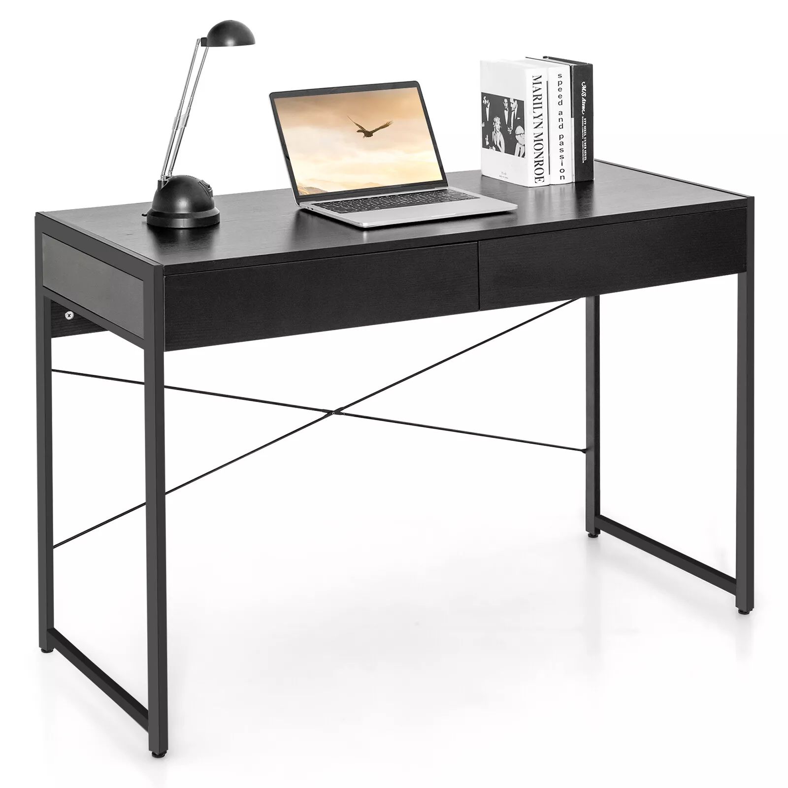 Costway Computer Desk Wooden PC Laptop Table Writing Workstation with 2 Drawers in Black