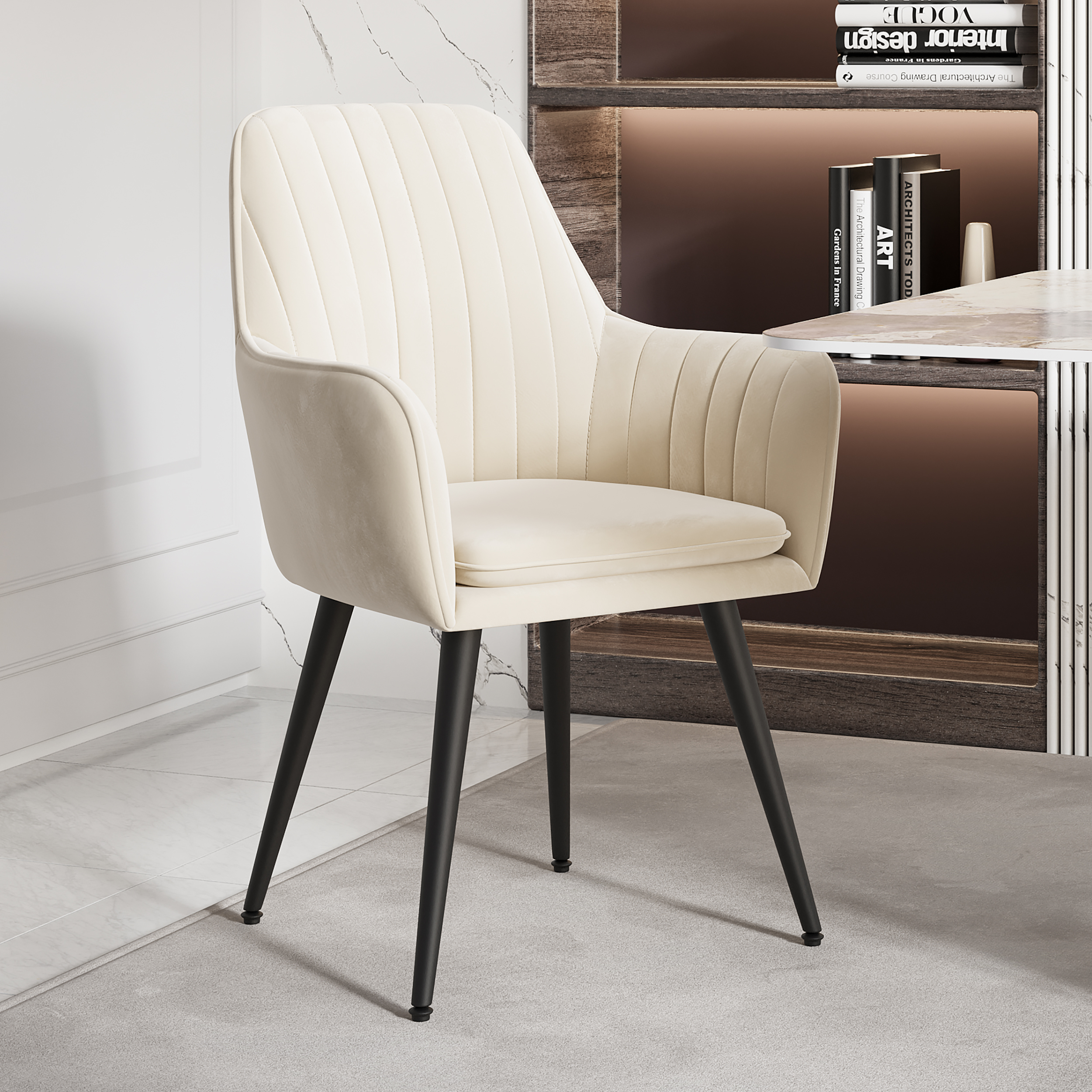 Modern Dining Chair Beige Velvet Upholstered Dining Chairs With Arms (Set of 8)