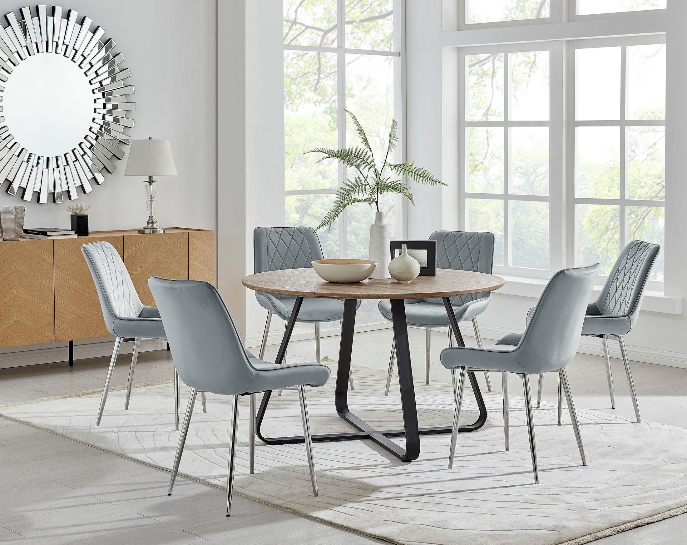 FurnitureboxUK Santorini Brown Round Dining Table & 4/6 Pesaro Silver Leg Chairs in Grey