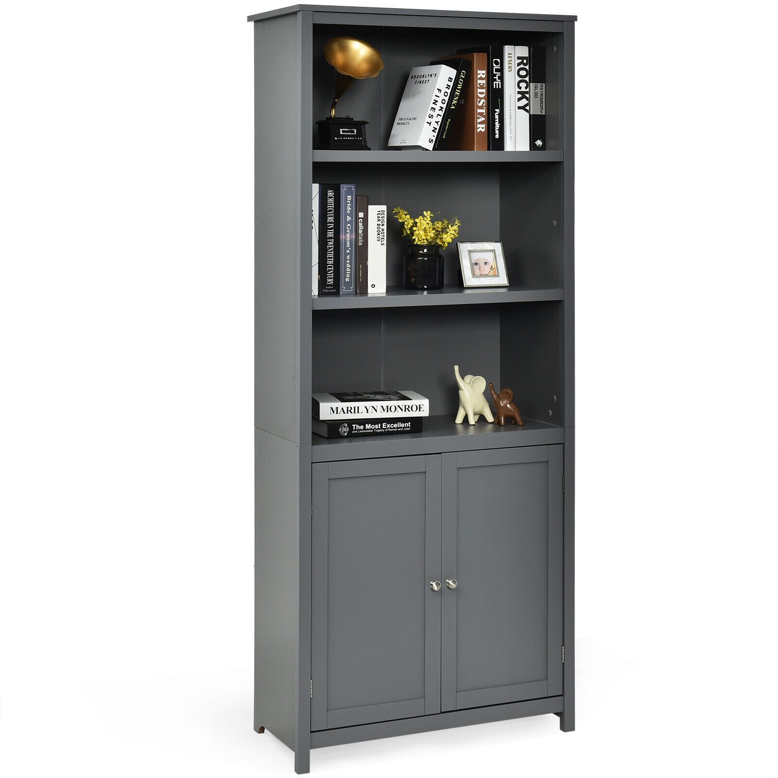 Costway Wooden Tall Bookcase 3-Tier Shelving Storage Cabinet 2 Doors Display Organizer in Grey