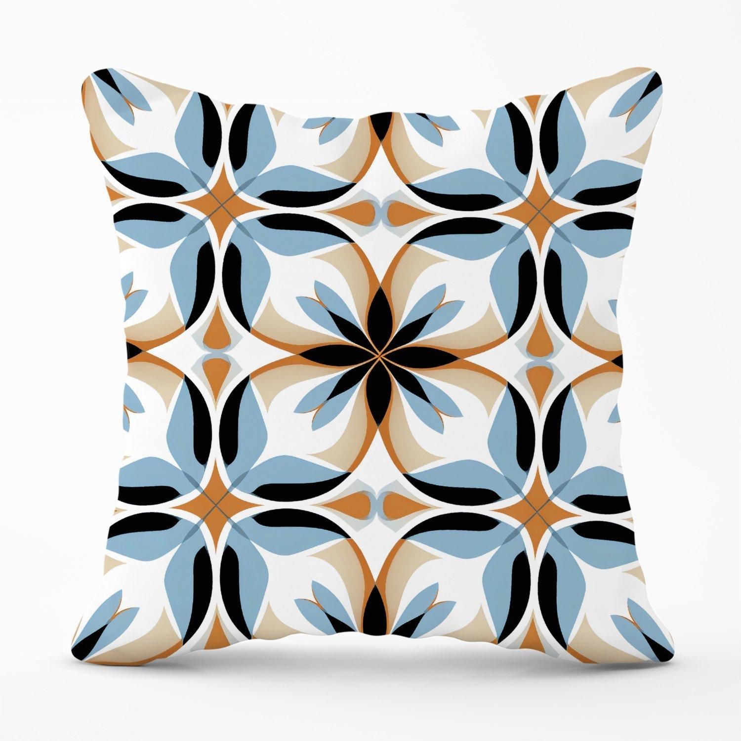 Warren Reed - Designer White Brown & Blue Geometric Pattern Outdoor Cushion
