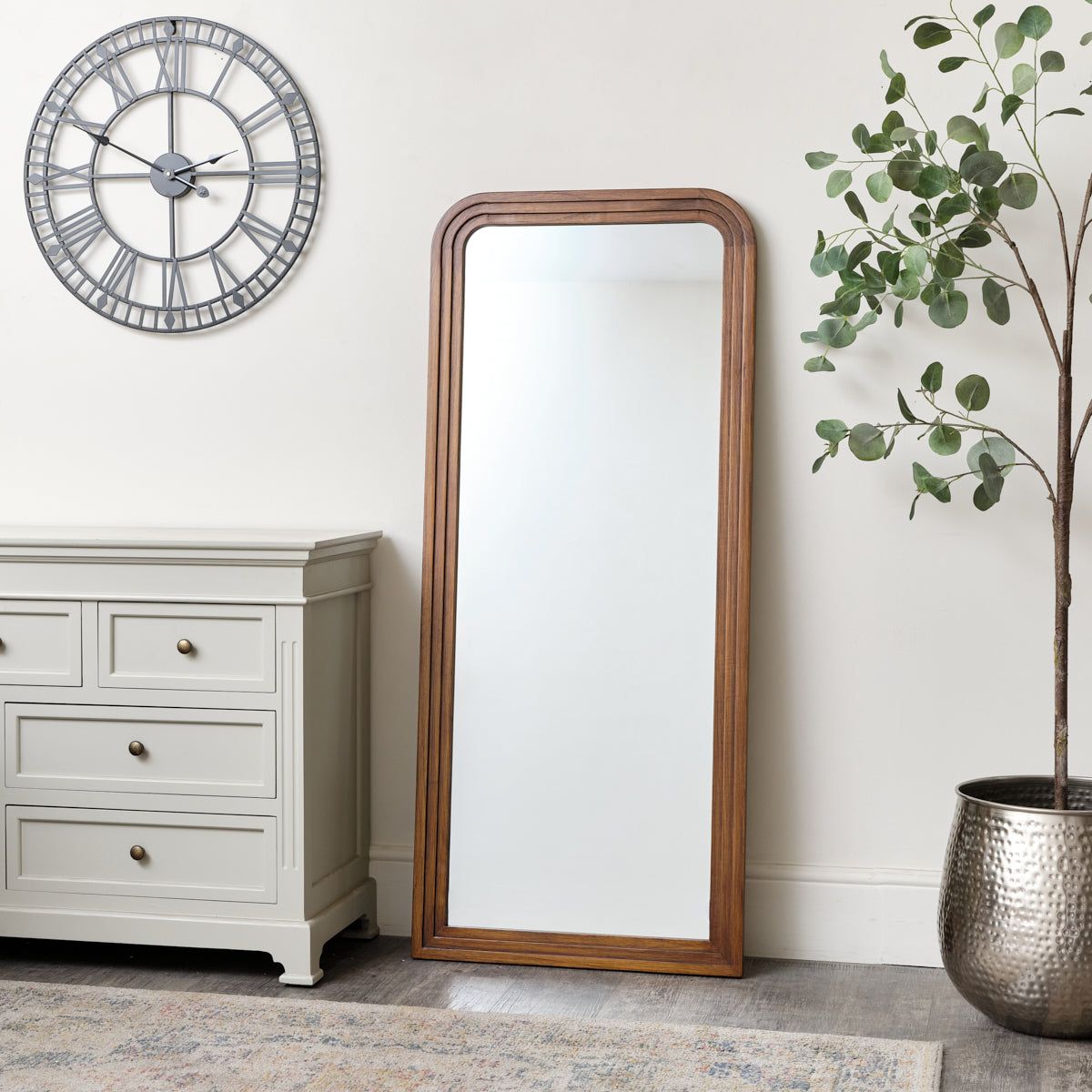 Melody Maison Dark Wood Arched Frame Wall Mirror 60cm X 140cm in Dark Brown