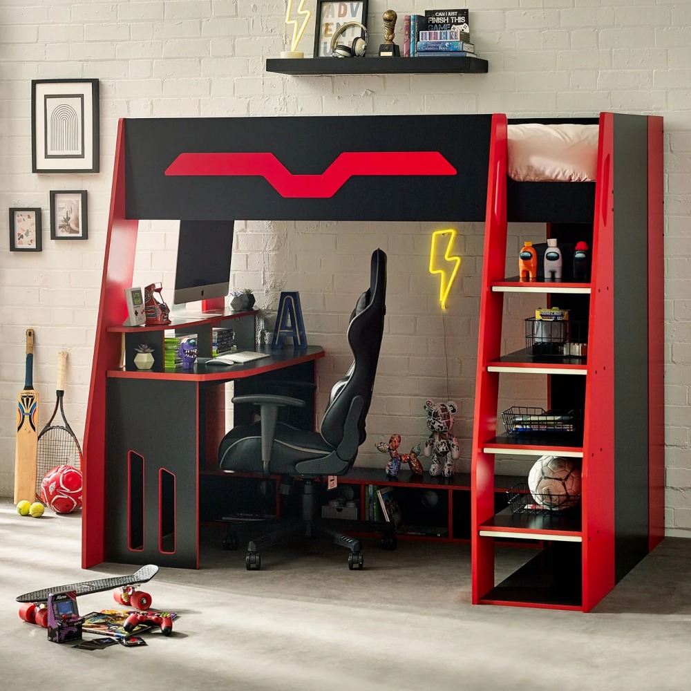 Eagle - Single - Gaming Highsleeper with Desk and Shelving - Black/Red - Wooden - 3ft