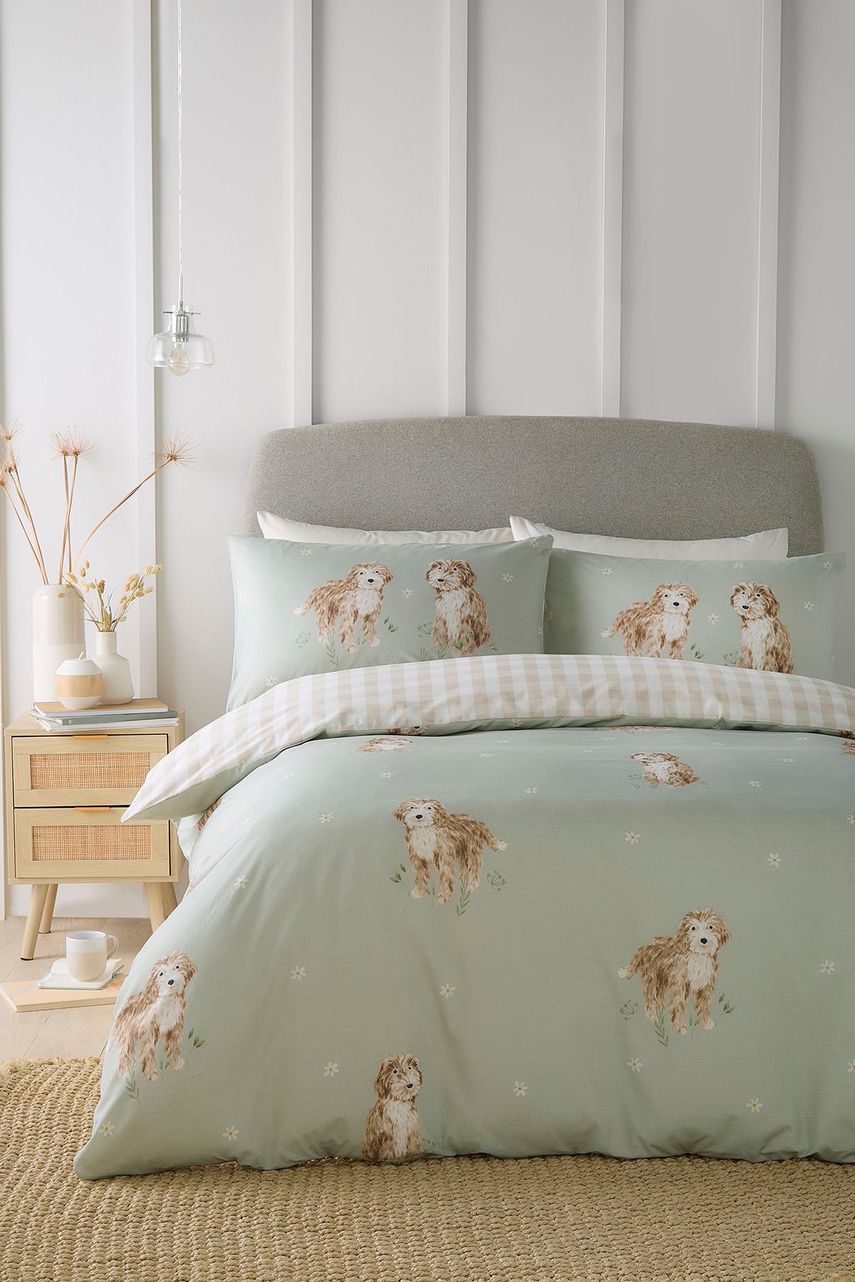 Fusion 'Hattie the Cockerpoo' Cute Dog Print Peach Textured Duvet Cover Set in Light Green