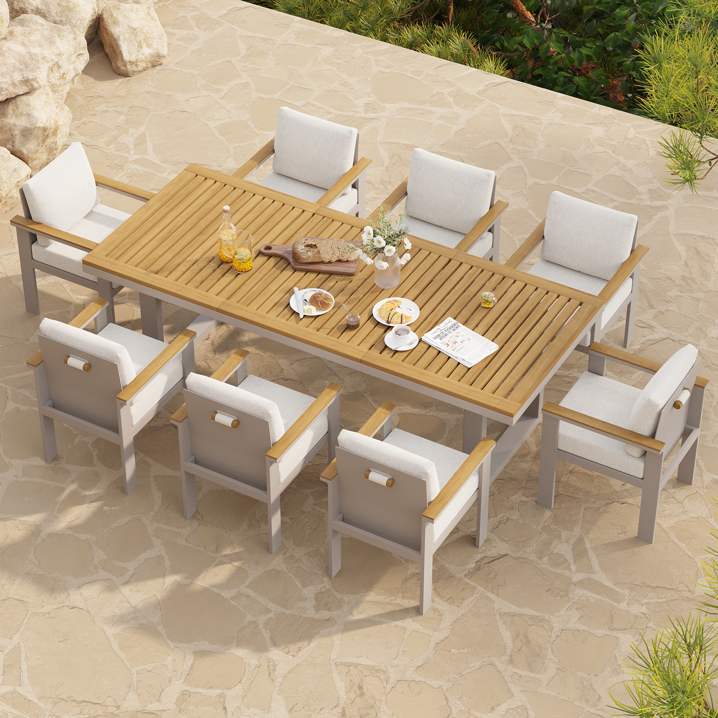Tevara Teak and Aluminium Rectangular Patio Dining Table, Modern Outdoor Garden and Patio Furniture for 6-8 People, Outdoor Dining Chair