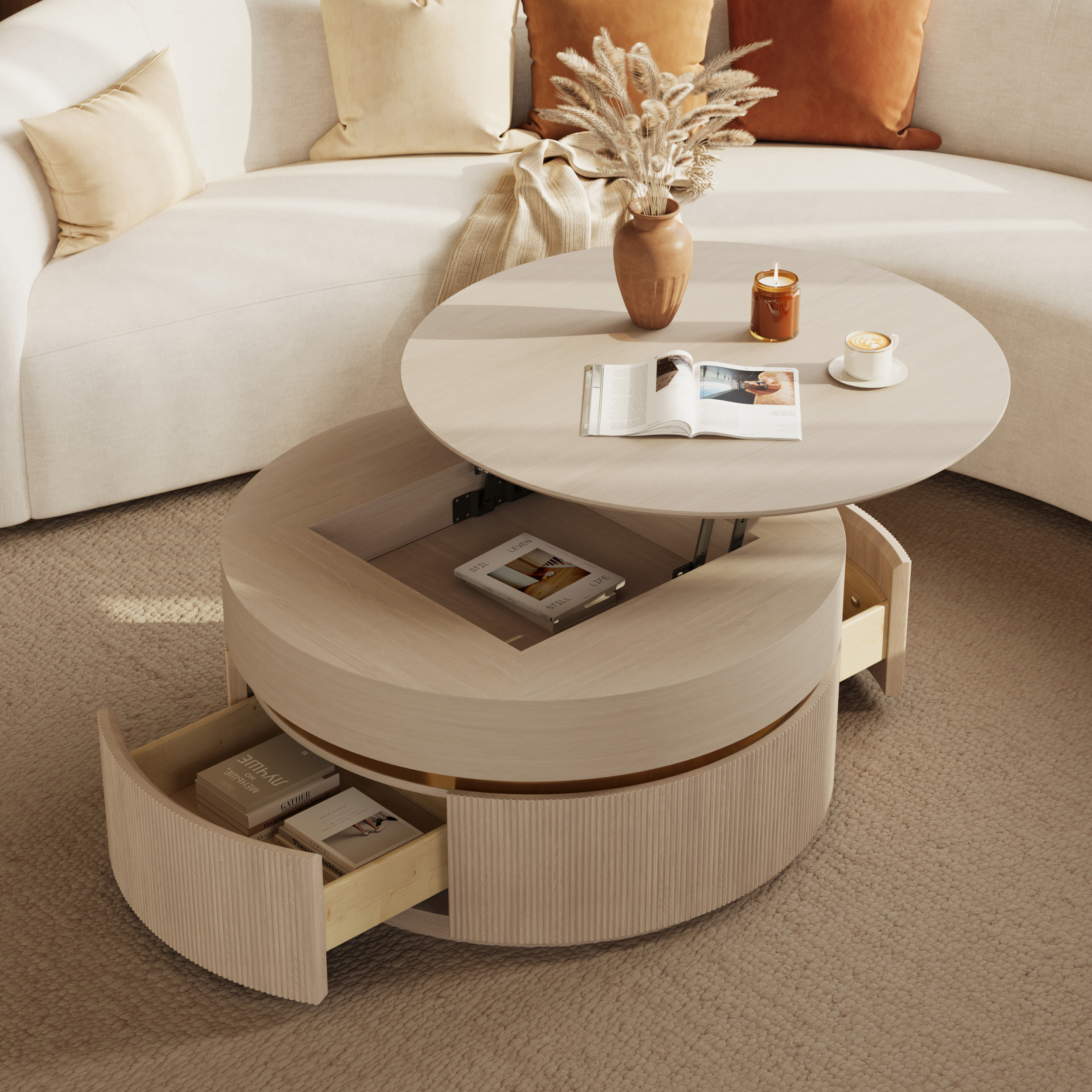 32" Fluted Lift-Top Round Coffee Table with 2 Drawers