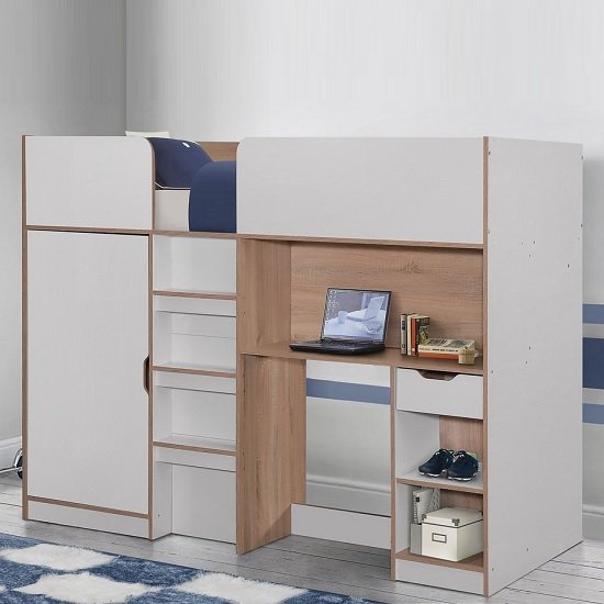 Camila Wooden High Sleeper Bed In Light Oak And White