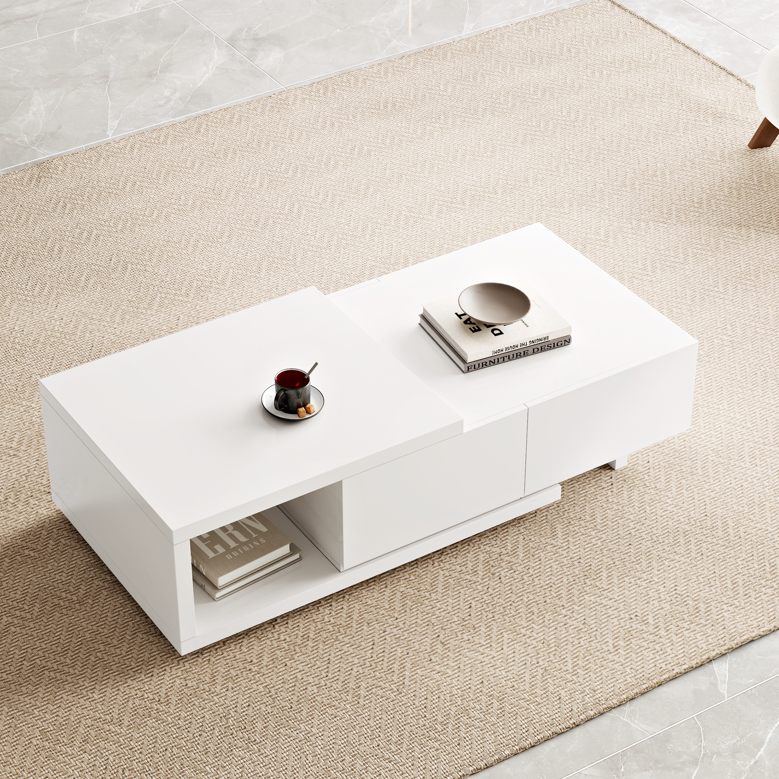Quoint 175 cm Modern White Coffee Table Retracted & Extendable with 2-Drawer