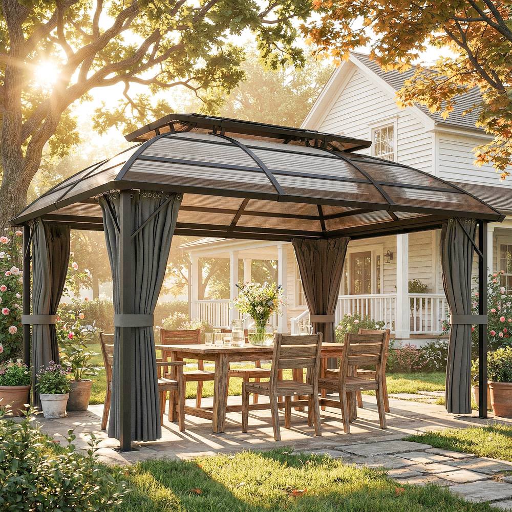 OUTSUNNY 4 x 3(m) Polycarbonate Gazebo for Lawn, Yard, Patio, Deck in Brown