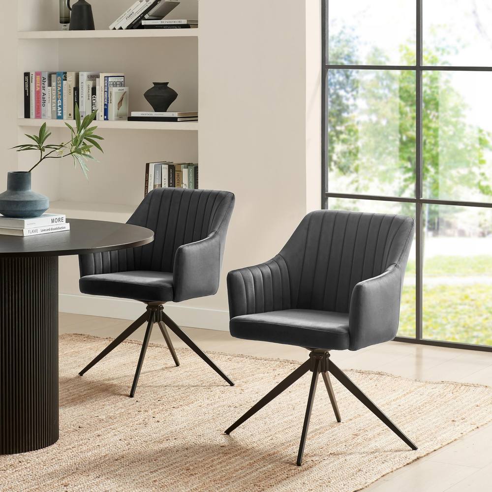 FurnitureboxUK 2x Calla Grey Velvet Swivel Dining Chairs