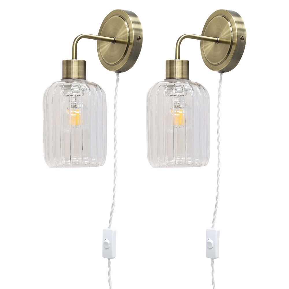 First Choice Lighting Set of 2 Toby - Antique Brass Plug in Wall Lights Ribbed Glass Shades in Gold