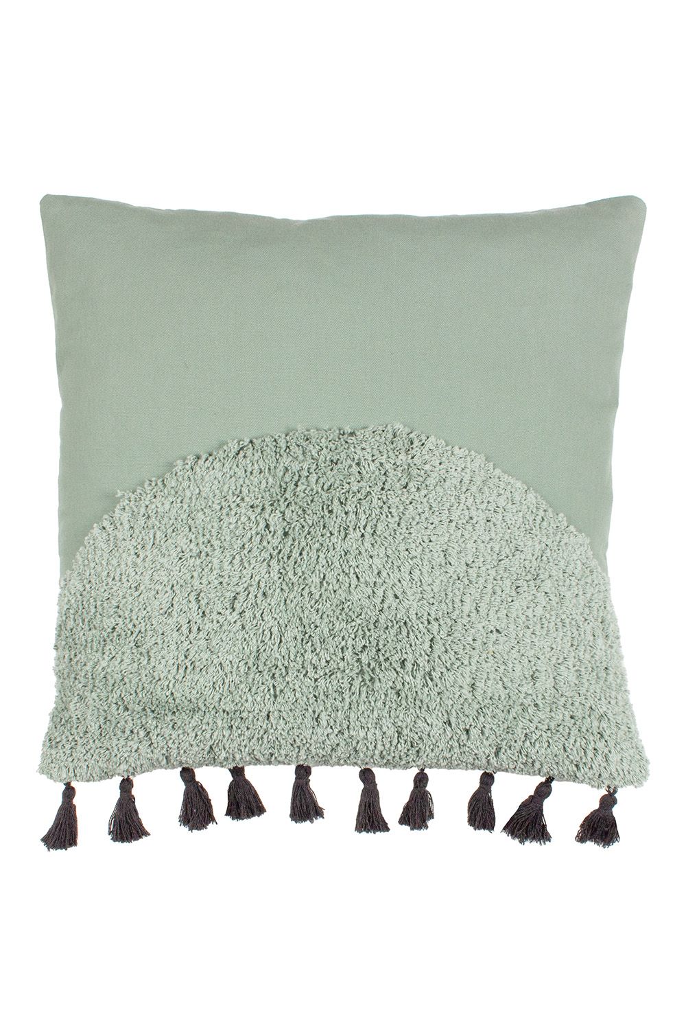 Furn Radian Semi Circle Tufted Cotton Tasselled Cushion in Light Green