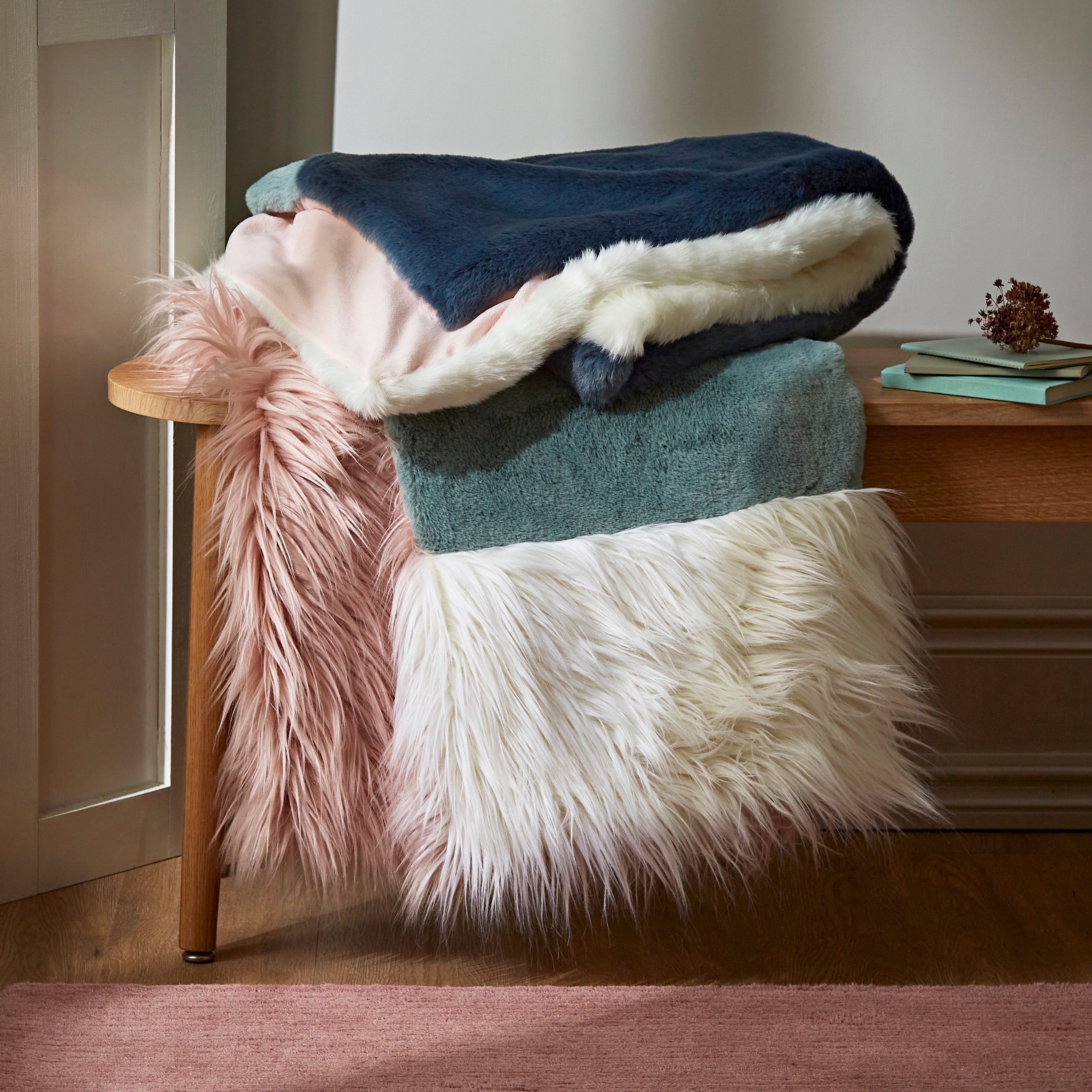Block Faux Fur Throw Blue/Pink/White