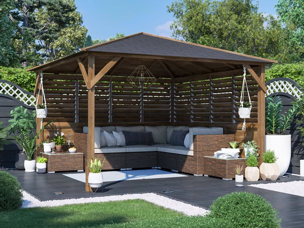 Dunster House Wooden Gazebo Kit 3x3m with Louvre Wall & Black Roof Shingles, Utopia in Brown