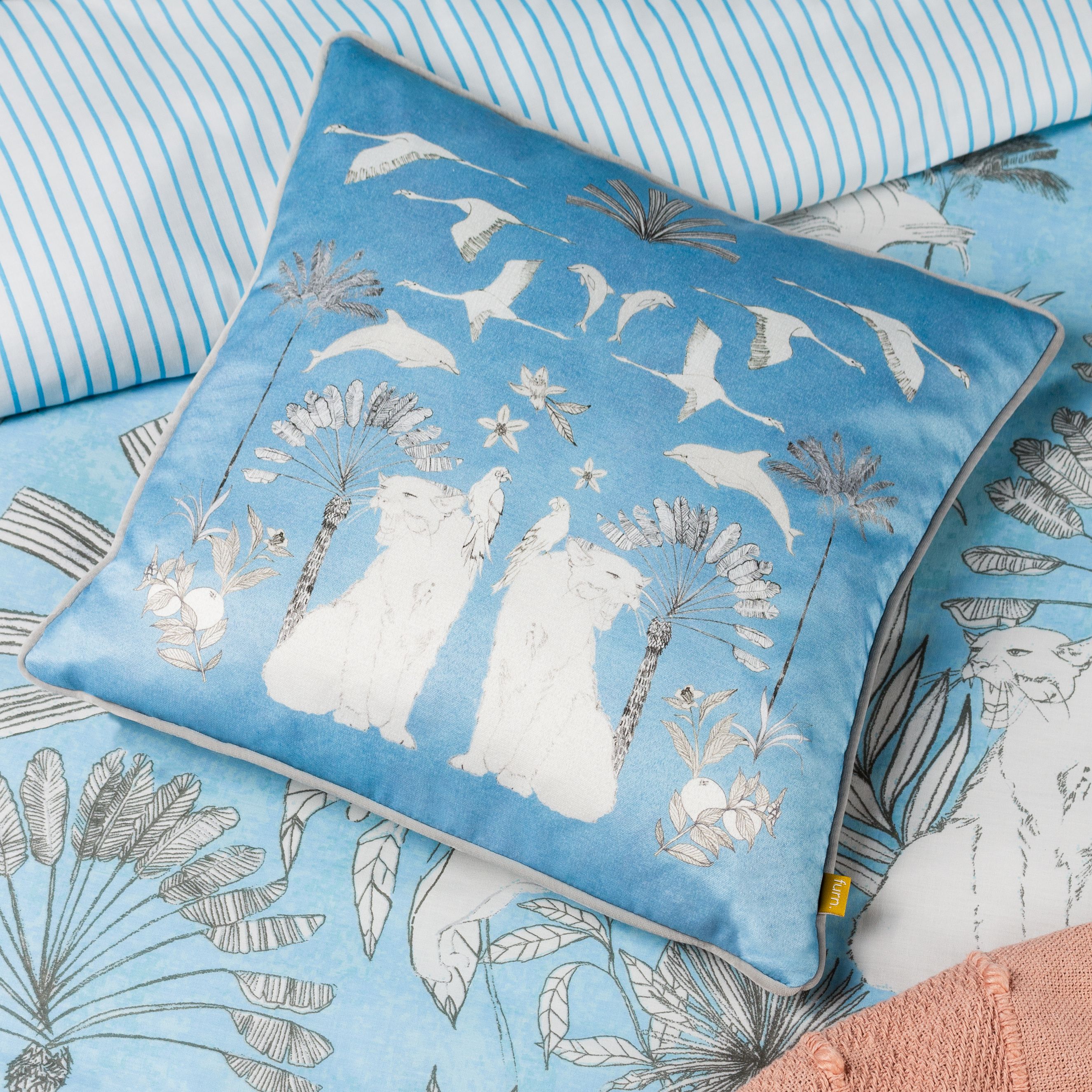 Furn Colony Palm Botanical Printed Velvet Cushion in Blue