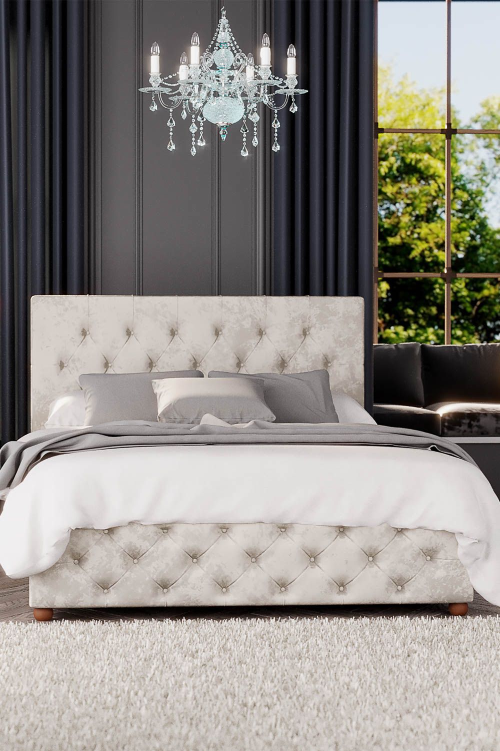 Laurence Llewelyn-Bowen Luna Ottoman Storage Bed in Mirazzi Velvet Fabric, Custom Made in Ivory