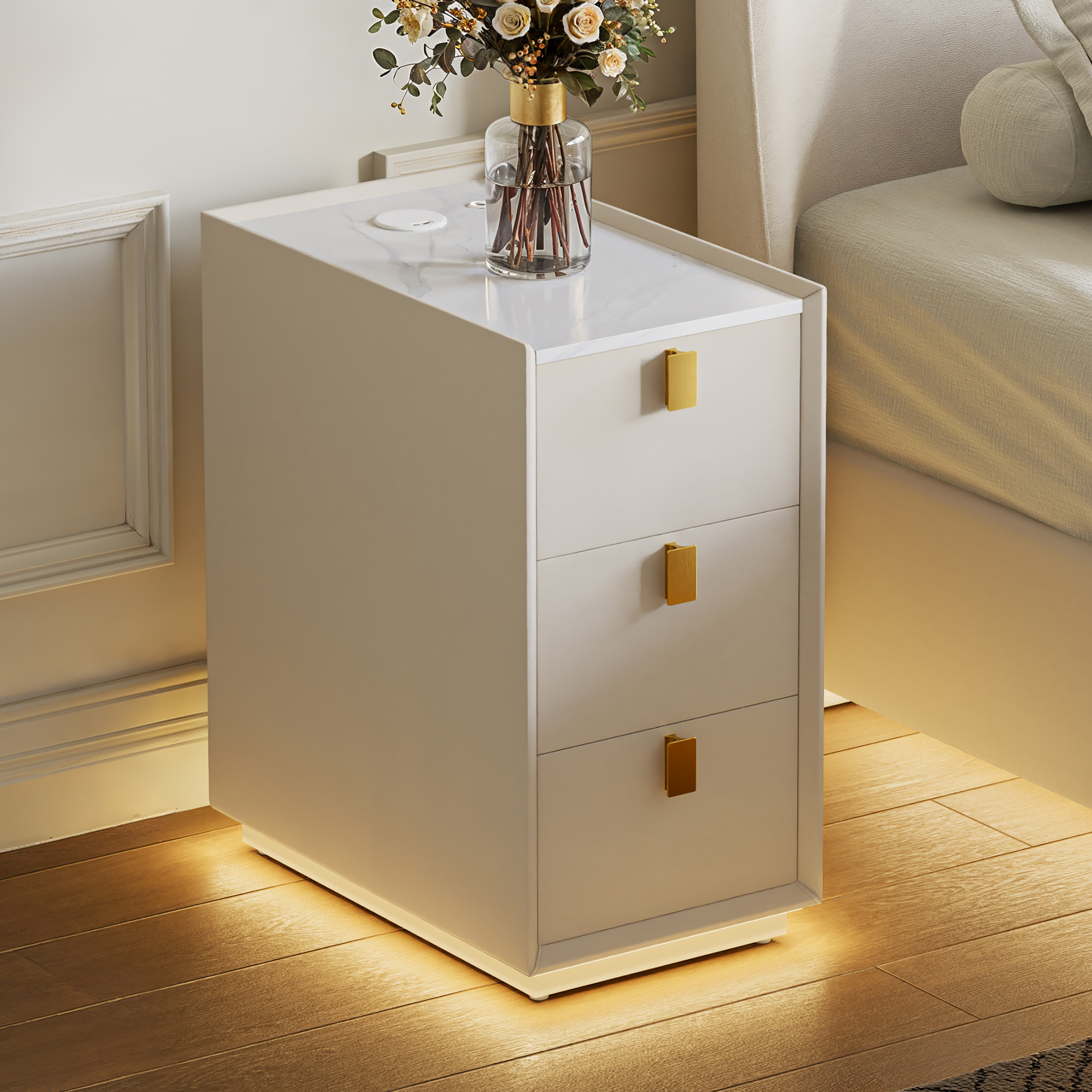 3-Drawer Narrow Bedside Table Faux Leather with Built-in Charging Station | Adjustable Lighting | Sintered Stone Top