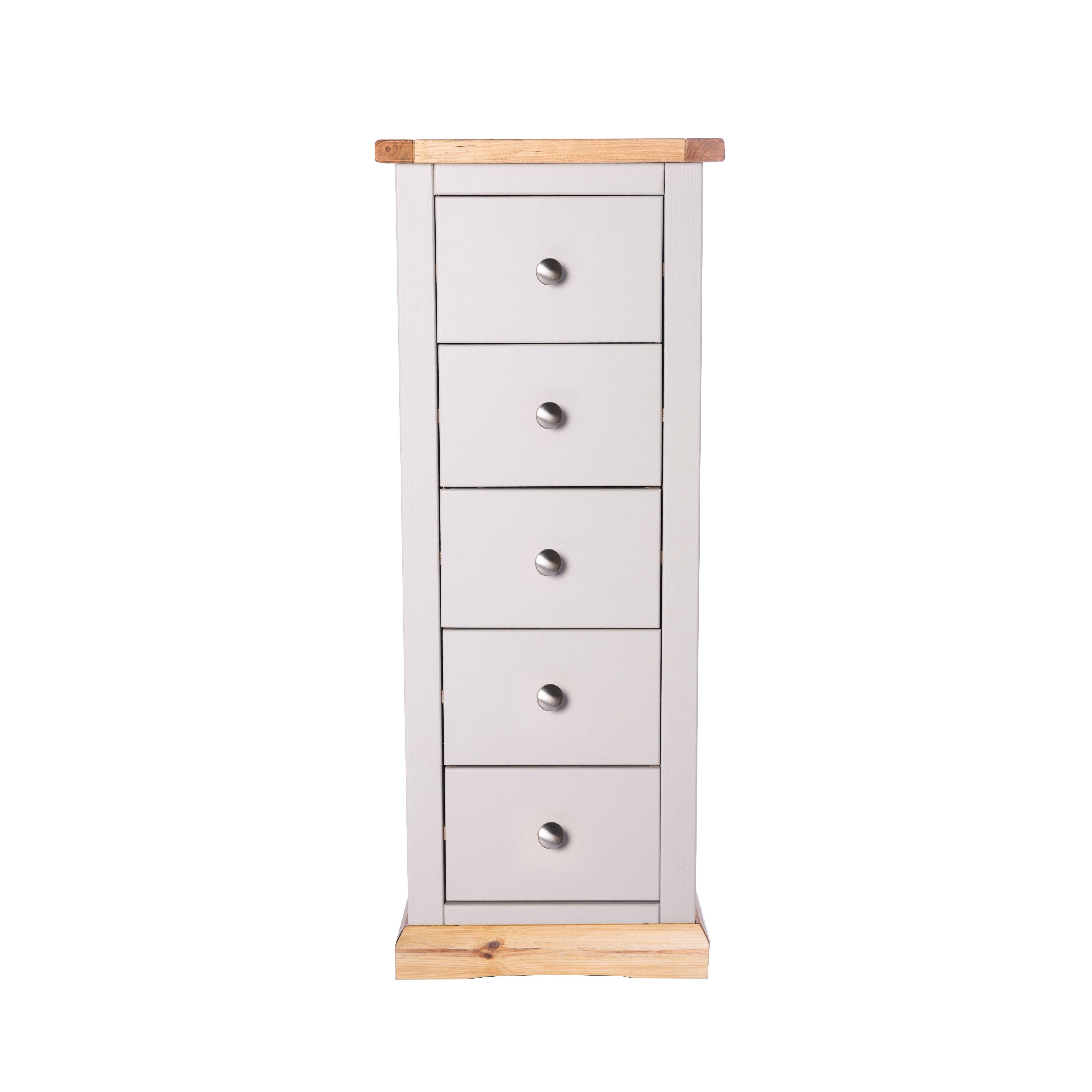 Cabinet Bits Bomporto 5 Drawer Narrow Chest of Drawers Chrome Knob in Light Grey