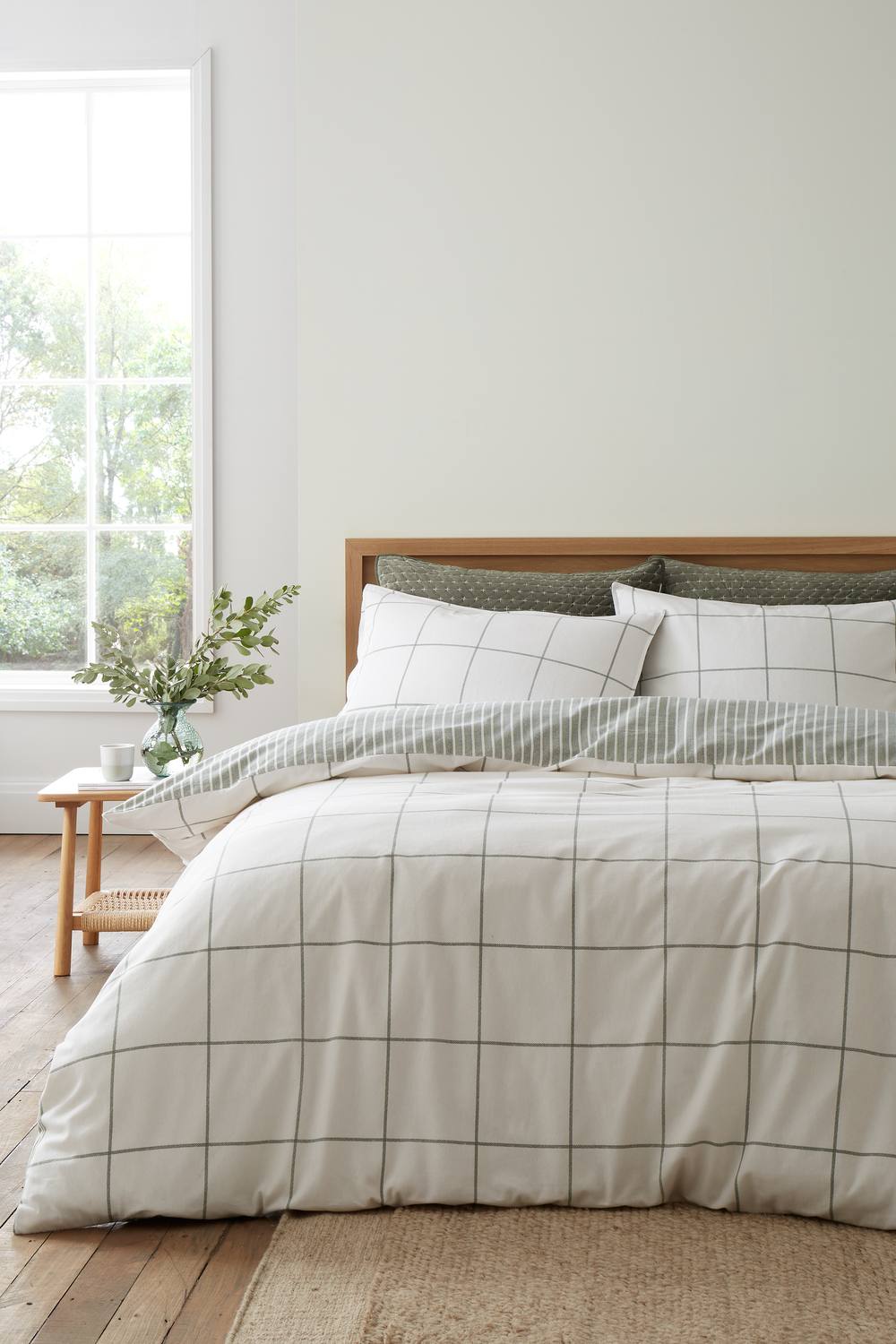 Bianca Brushed Regal Check Cotton Reversible Duvet Cover Set in Green